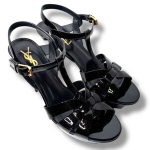 Saint Laurent Tribute Black Patent Leather Platform High Heel Sandals Size 37.5